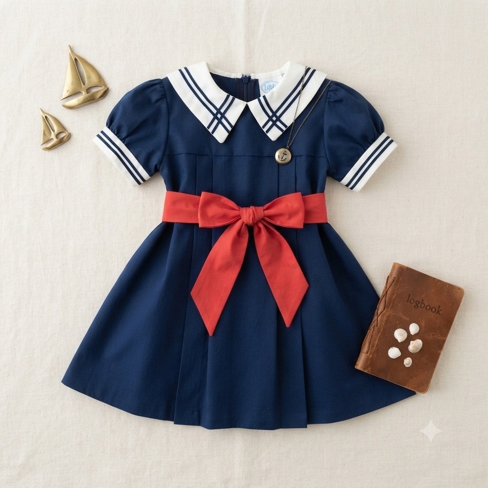 Little Evie Girls Navy Blue Sailor Dress Red Sash Nautical Pleated Size 4 USA